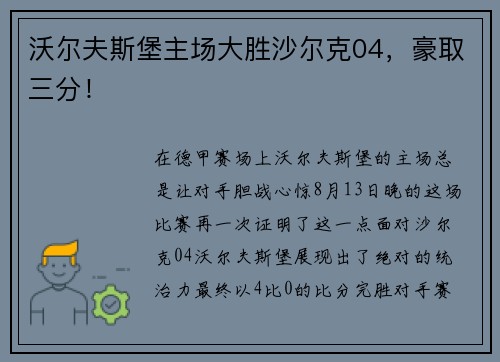 沃尔夫斯堡主场大胜沙尔克04，豪取三分！