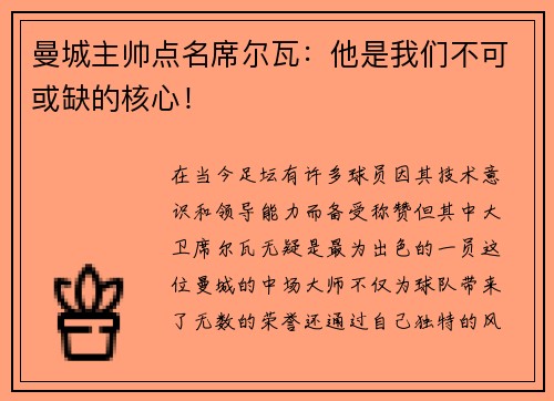 曼城主帅点名席尔瓦：他是我们不可或缺的核心！